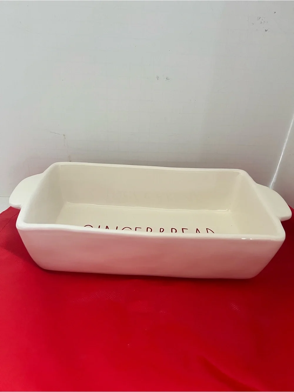 Rae Dunn Christmas GINGERBREAD Loaf Pan White With Red Lettering 9
